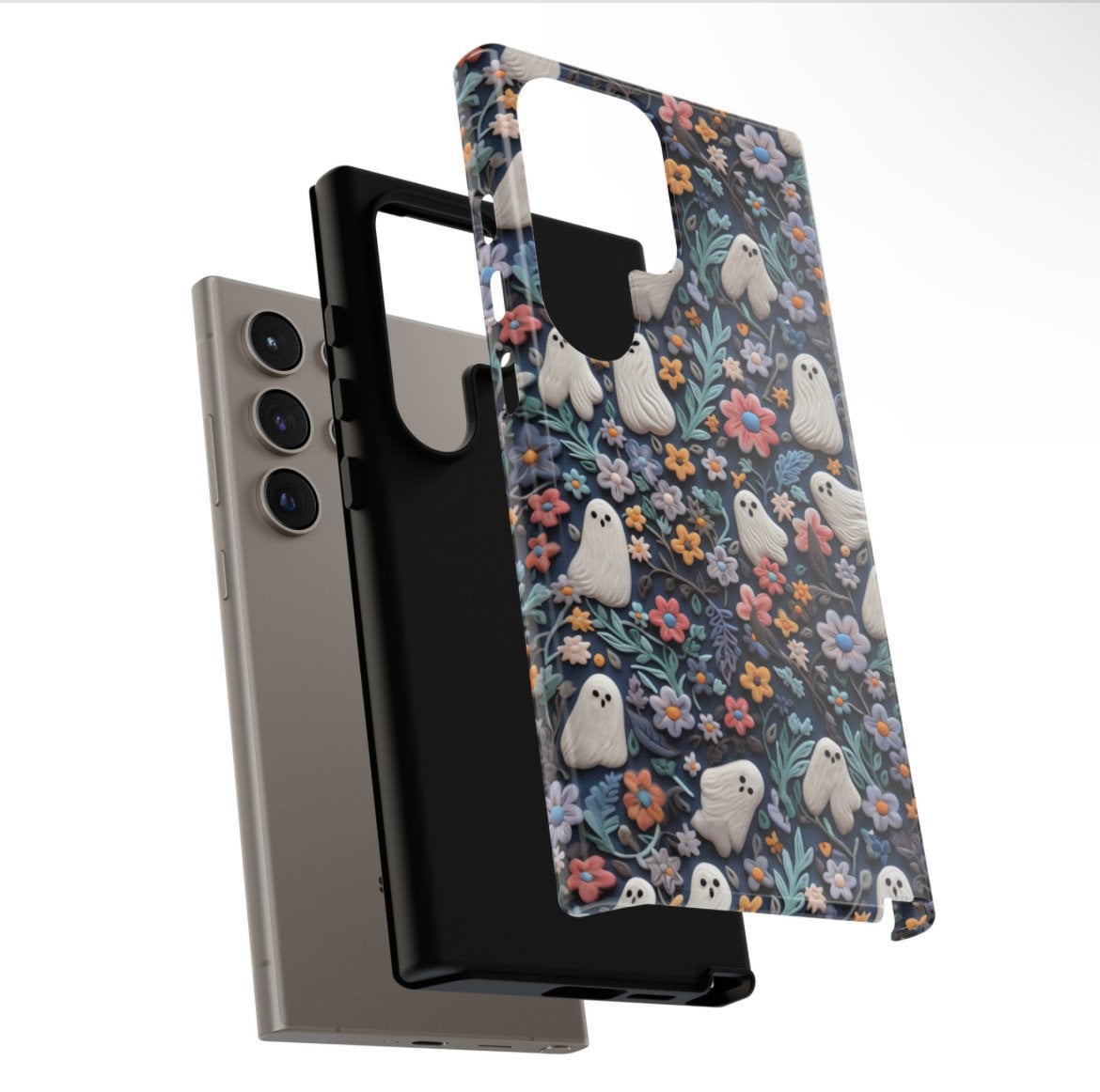 Ethereal Clay Effect Ghosts and Flowers Phone Case | Spooky Ghosts Floral Phone Case | Cute Halloween | MagSafe | iPhone | Pixel | Samsung