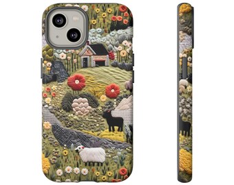 Paradise Pastures Handyhülle im bestickten Look | Szenische Bauernhof-Chic-Imitat-Stickerei-Telefonabdeckung | Cottagecore-Design | iPhone | Pixel | Samsung