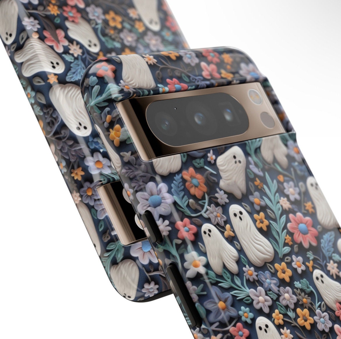 Ethereal Clay Effect Ghosts and Flowers Phone Case | Spooky Ghosts Floral Phone Case | Cute Halloween | MagSafe | iPhone | Pixel | Samsung