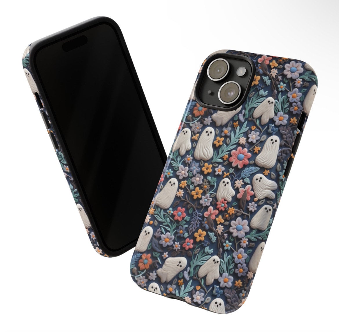 Ethereal Clay Effect Ghosts and Flowers Phone Case | Spooky Ghosts Floral Phone Case | Cute Halloween | MagSafe | iPhone | Pixel | Samsung