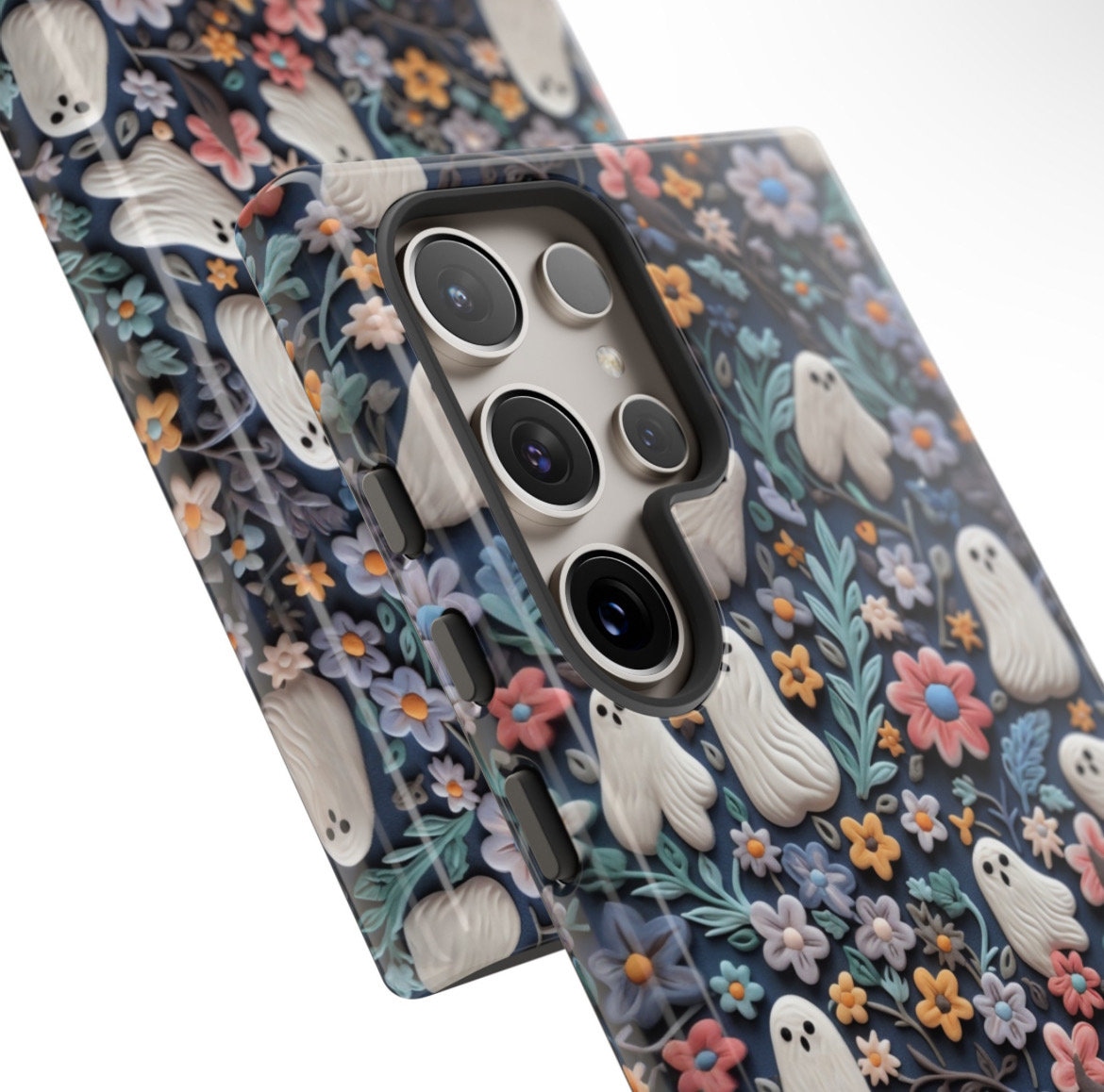 Ethereal Clay Effect Ghosts and Flowers Phone Case | Spooky Ghosts Floral Phone Case | Cute Halloween | MagSafe | iPhone | Pixel | Samsung