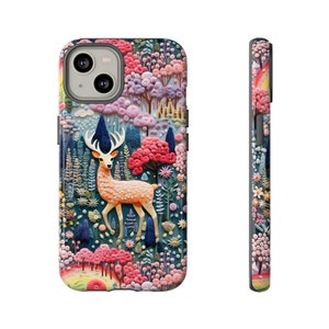 Fantasy Rainbow Forest Embroidered Look Phone Case | Captivating Woodland Deer Cottagecore Phone Cover | iPhone | Pixel | Samsung