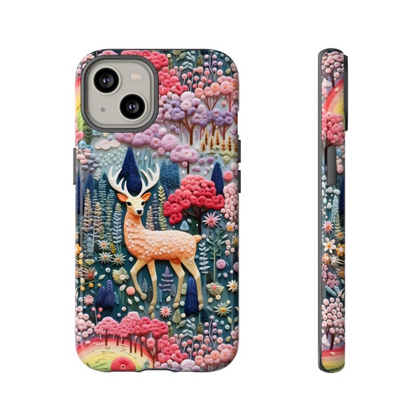 Fantasy Rainbow Forest Embroidered Look Phone Case | Captivating Woodland Deer Cottagecore Phone Cover | iPhone | Pixel | Samsung