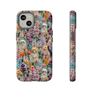 Vintage Skeletons in Bloom Phone Case | Embroidered Look Floral Charm Phone Cover | Halloween Cottagecore | iPhone | Pixel | Samsung