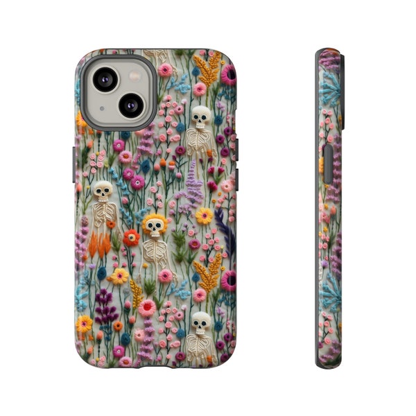 Vintage Skeletons in Bloom Phone Case | Embroidered Look Floral Charm Phone Cover | Halloween Cottagecore | iPhone | Pixel | Samsung