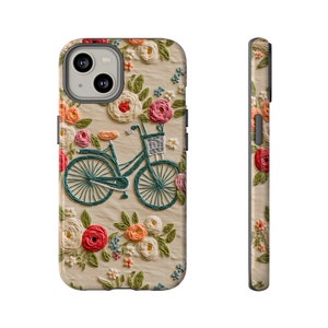 Vintage Boho Bikes and Blooms Embroidered Phone Case | Soft Cottagecore Floral and Bicycle Embroidery Phone Case | iPhone | Pixel | Samsung