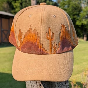 Desert Ball Caps, Hand Painted Baseball Hat, Burned Cactus Hat, Cowboy Accessories , Western Wear For Men, Texas Themed Anniversary Gifts