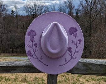 Wildflower Fedora, Burned Wide Brim Hat, Festival Clothing, Thistle Gift, Mom Birthday Gift, Mother's Day Gift, Cottagecore Gift, Boho Gift