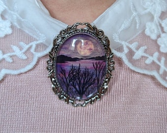 Moon Brooch Pin, Antique Silver Brooch, Landscape Pin, Lake Accessory, Tree Brooch, Mountain Brooch, Boho Brooch, Witchy Gift, Nature Gift