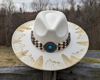 Western Bridal Hat, Burned Wide Brim Fedora, Bachelorette Bride Hat, Something Blue For Bride From Mom, Engagement Photo Prop, Nature Gifts