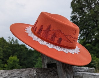 Sunset Hat, Woodburned Hat, Wide Brim Bowler Hat, Boho Cowgirl Hat, Woodsy Gift, Mountain Gift, Nature Lover Gift, For Wife, For Girlfriend