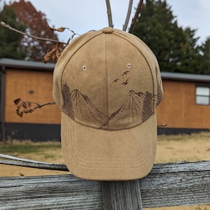 Burned Ball Cap, Faux Suede Baseball Hat, Bird Baseball Hat, Mountain Cap, Camping Cap, Nature Hat, Boho Cap, Hiking Cap, Outdoorsy Gift