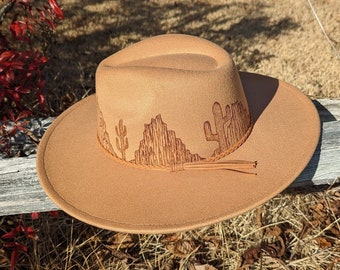 Burnt Desert Hat, Cactus Hat, Woodburned Hat, South Western Hat, Cowgirl Hat, Wide Brim fedora, Nature Hat, Landscape Hat, Ranch Hat
