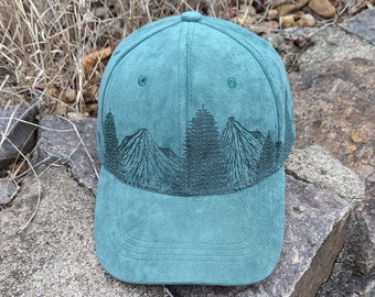 Burnt Ball Cap, Faux Suede Baseball Hat, Landscape Hat, Mountain Hat, Pine Tree Hat, Boho Cap, Hiking Gift, Nature Lover Gift, For Him