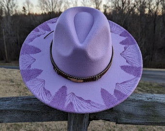 Mountain Hat, Hand Burned Hat, Wide Brim Fedora, Boho Hat, Western Gift, Cottagecore Gift, Cowgirl Gift, Nature Inspired Gift, For Women