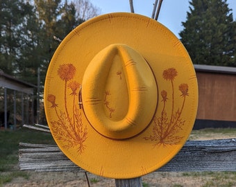 Dandelion Hat, Wood Burned Hat, Boho Fedora, Floral Gift For Mom, Wildflower Gift, Mother's Day Gift For Grandma, Cottagecore Gift For Women