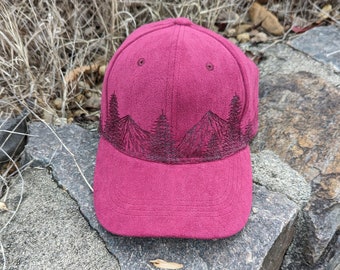 Burnt Ball Cap, Mountain Baseball Hat, Pine Tree Hat, Boho Cap, Hiking Cap, Nature Gifts, Faux Suede Hat, Fall Baseball Hat, Country Hat