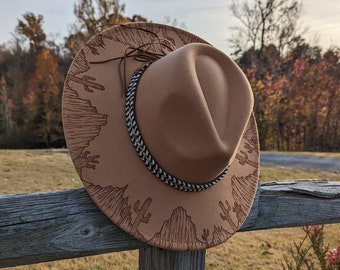 Burnt Desert Hat, Woodburned Hat, Cactus Hat,  Landscape Hat, South Western Hat, Burnt Western Hat, Handburnt Hat, Boho Hat, Desert Gift