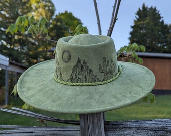 Desert Hat, Hand Burned Cowgirl Hat, Wide Brim Boater Hat, Western Fedora Hat, South Western Gift, Cactus Gifts For Women, Rancher Gift
