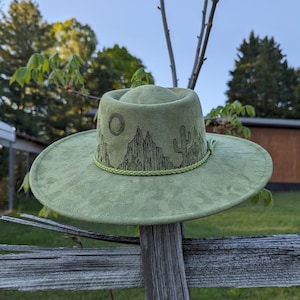 Desert Hat, Hand Burned Cowgirl Hat, Wide Brim Boater Hat, Western Fedora Hat, South Western Gift, Cactus Gifts For Women, Rancher Gift