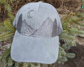 Mountain Baseball Hat, Burnt Ball Caps, Crescent Moon Hat, Goth Baseball Hat, Witchy Gifts, Gift For Adventure Friend, Camping Gifts For Men