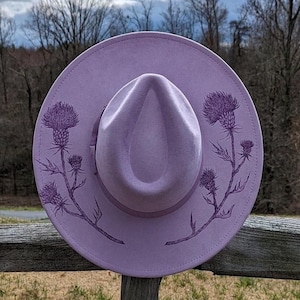Wildflower Burned Hat, Scottish Thistle Flower, Lavender Fedora, Wide Brim Hat, Floral Cowgirl Hat, Boho Fashion, Cottagecore Style Clothes