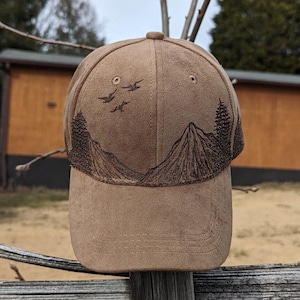 Burned Ball Cap, Nature Baseball Hat, Mountain Baseball Cap, Camping Hat, Hiking Cap, Pine Tree Hat, Wood Burned Hat, Bird Ball Cap, For Him