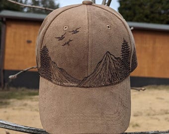 Burned Ball Cap, Nature Baseball Hat, Mountain Baseball Cap, Camping Hat, Hiking Cap, Pine Tree Hat, Wood Burned Hat, Bird Ball Cap, For Him