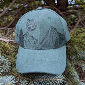 Moon Hat, Burned Ball Cap, Mountain Baseball Hat, Gift For Hiker Women, Celestial Gift, Gift For Camping Dad, Pine Tree Gift, Outdoorsy Gift
