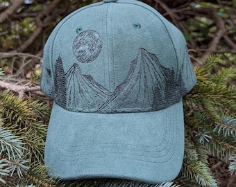 Moon Hat, Burned Ball Cap, Mountain Baseball Hat, Gift For Hiker Women, Celestial Gift, Gift For Camping Dad, Pine Tree Gift, Outdoorsy Gift