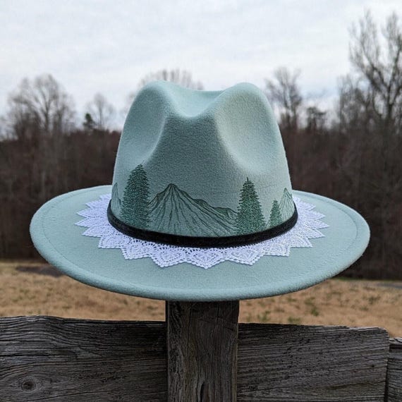 Hat With Mountains, Small Brim Fedora, Burnt Cowgirl Hat  display picture 2