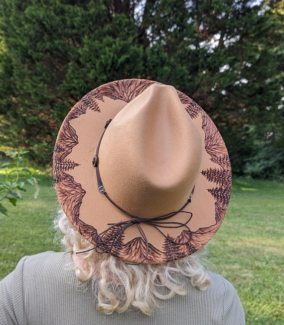 Landscape Hat, Mountain Burnt Hat, Woodburned Cowgirl Hat, Forest