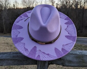 Mountain Hat, Hand Burned Hat, Wide Brim Fedora, Boho Hat, Western Gift, Cottagecore Gift, Cowgirl Gift, Nature Inspired Gift, For Women