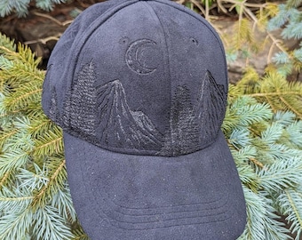 Moon Hat, Gothic Baseball Cap, Burned Ball Cap, Nature Gift For Men, Mountain Gift For Men, Hiking Gift For Dad, Witchy Gifts For Girls