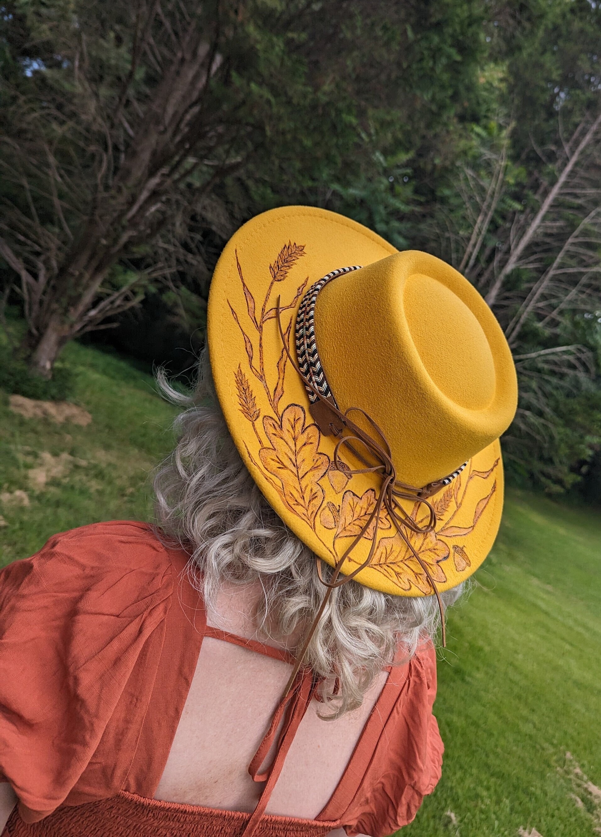 Wheat Hat, Woodburnt Hat, Wide Brim Boater Hat, Leaf  display picture 3