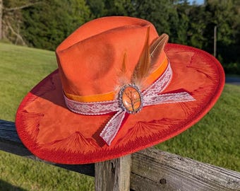 Turquoise Fedora Hat With Hand-burned Hummingbird & Zia  display picture 1