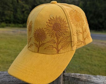 Sunflower Burned Ball Cap, Faux Suede Baseball Cap, Autumn Hat With Florals, Nature Inspired Accessories, Kansas State Flower, Gardening Hat