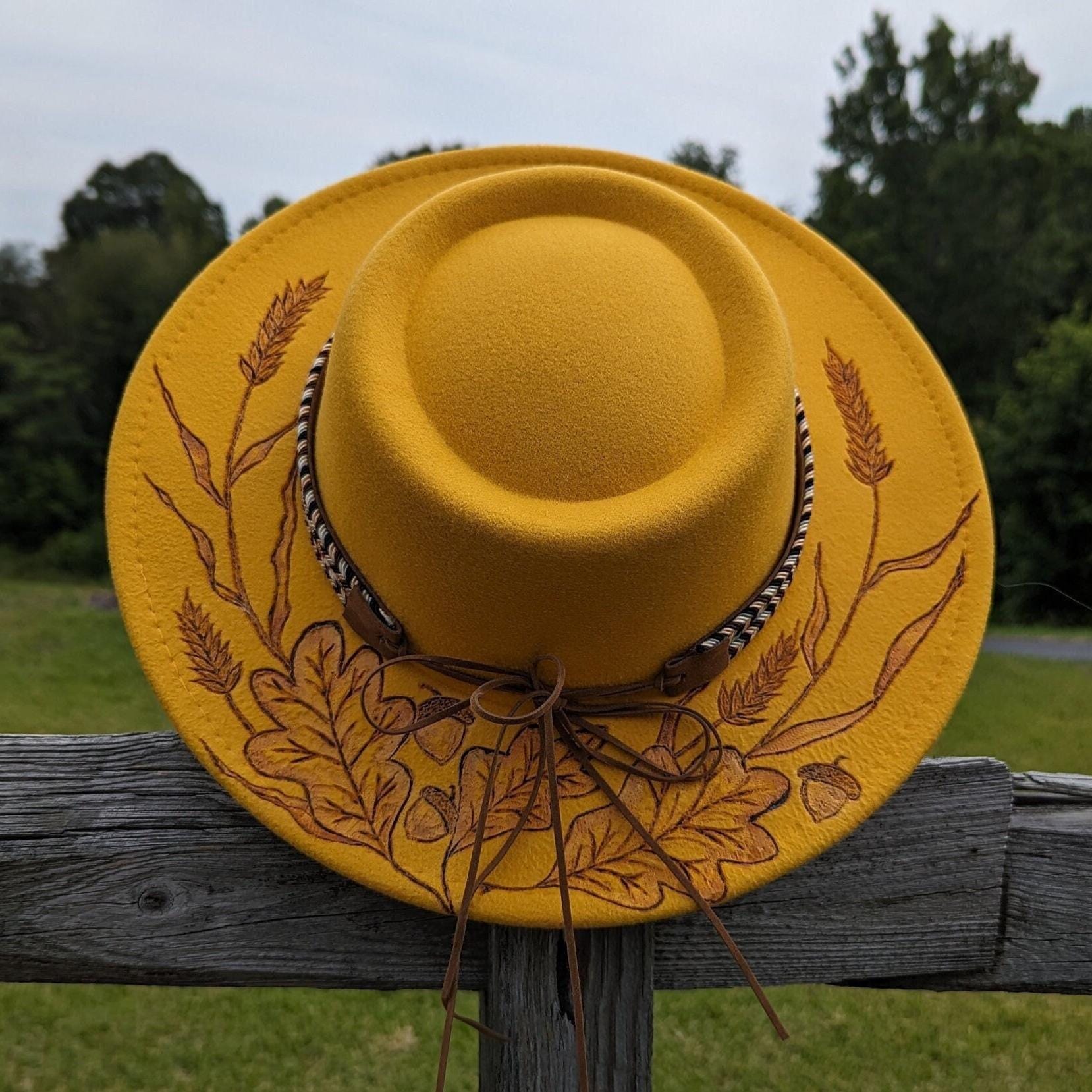 Woodburntt Boater Style Hat Wheat Hat, Woodburnt Hat, Wide Brim Boater Hat, Leaf  main image 2