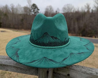 Under Brim Burnt Hat, Burned Hats Western Mountains, Boho Festival Hat, Pine Tree Gifts, Mountain Girl Gift, Nature Lover Gift, Hiker Gift