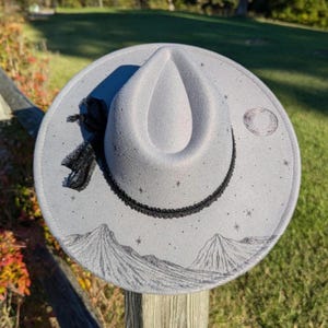 Celestial Hat, Moon Hat, Burned Fedora, Witchy Gifts For Best Friend, Star Gazer gift, Mystical Gifts, Gothic Gifts For Her, Mountain Gifts