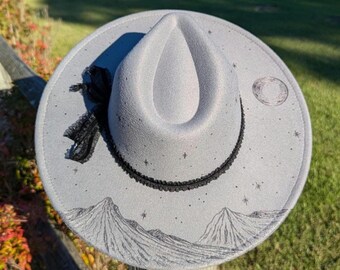 Celestial Hat, Moon Hat, Burned Fedora, Witchy Gifts For Best Friend, Star Gazer gift, Mystical Gifts, Gothic Gifts For Her, Mountain Gifts