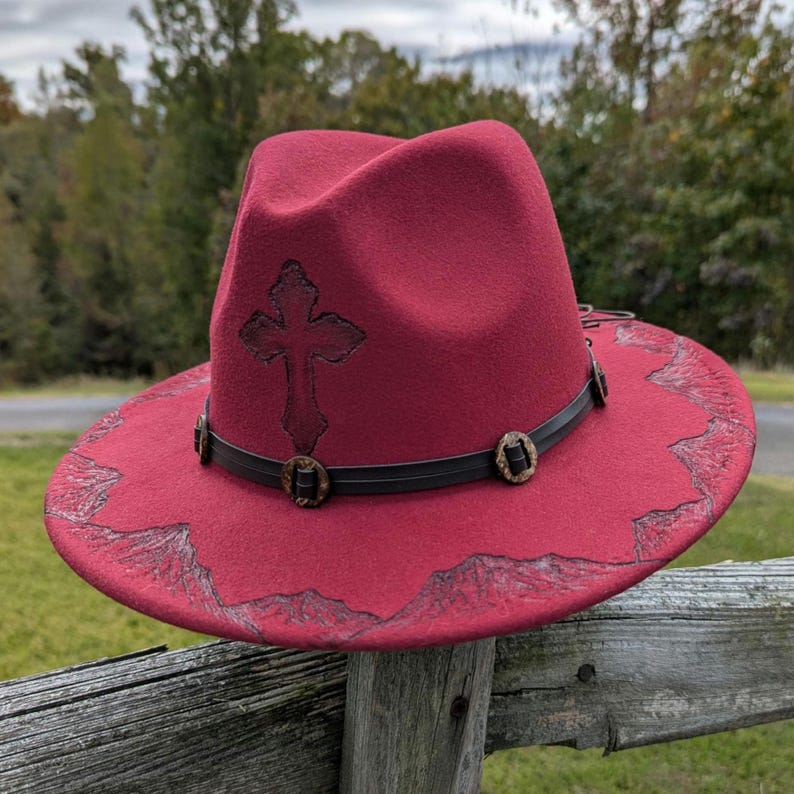 Chapeau brûlé montagne, fedora bordeaux, petit chapeau à bord, chapeau d'automne, mode nature, vêtements bohèmes occidentaux, accessoires de cow-girl, vêtements de randonnée image 2