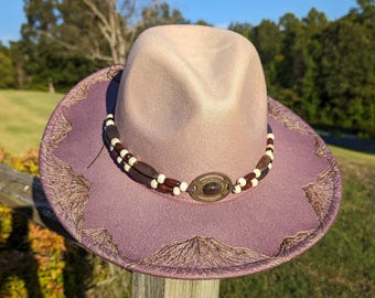 Mountain Hat, Western Burned Hat, Wide Brim Fedora, Two Tone Hat, Boho Cowgirl Hat, Country Festival Clothing, For Nature Lover, For Women