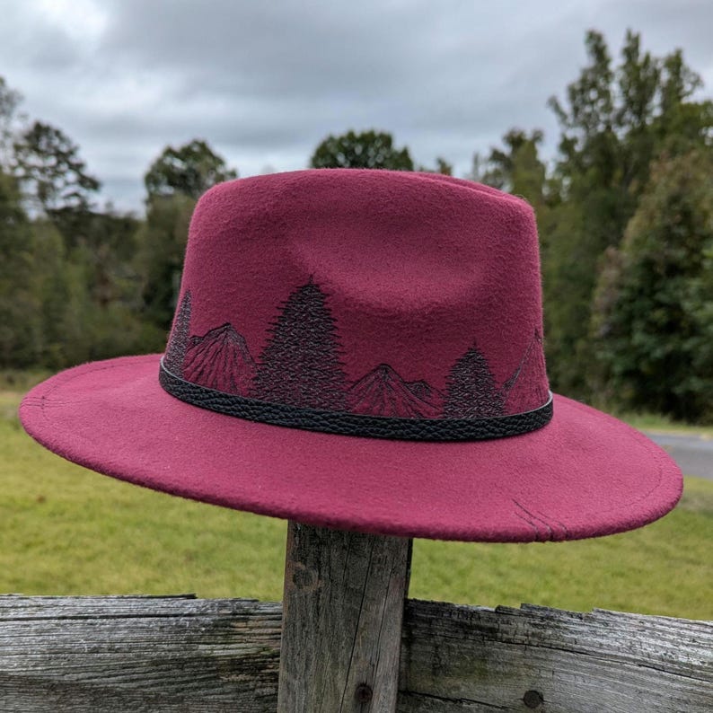 Chapeau brûlé montagne, fedora bordeaux, petit chapeau à bord, chapeau d'automne, mode nature, vêtements bohèmes occidentaux, accessoires de cow-girl, vêtements de randonnée image 9