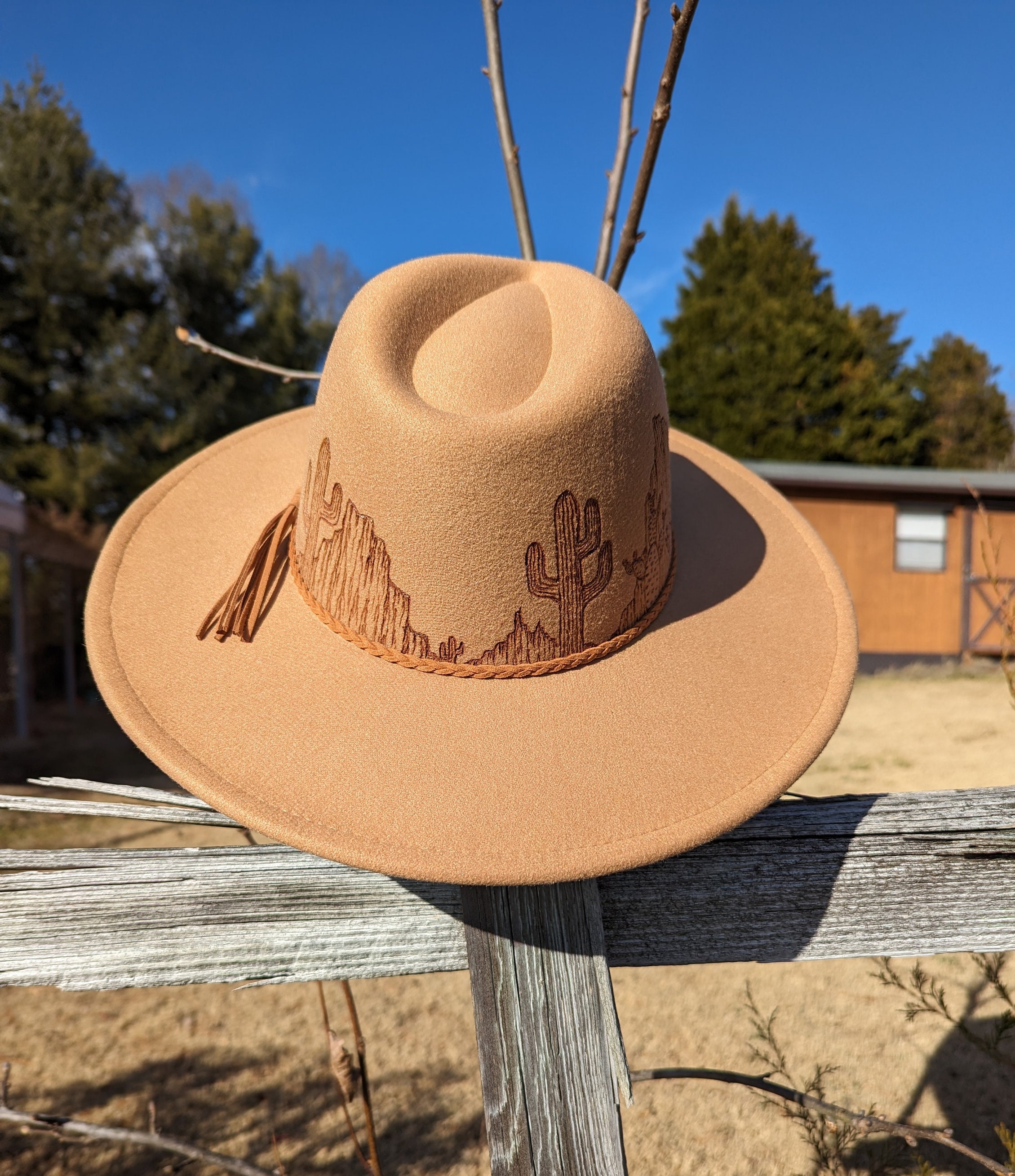 Burnt Desert Hat, Cactus Hat, Woodburned Hat, South Western Hat