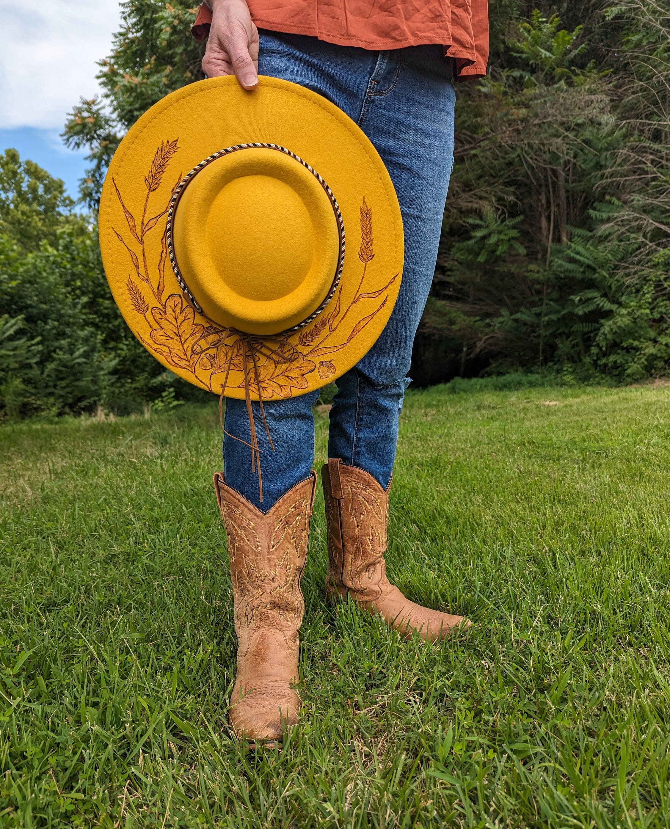 Wheat Hat, Woodburnt Hat, Wide Brim Boater Hat, Leaf 