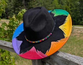 Rainbow Festival Hat, Painted Mountain Hat, Hand Burnt Fedora, Psychedelic Rave Outfits, Dopamine Clothing Women, Pride Gifts For Girlfriend