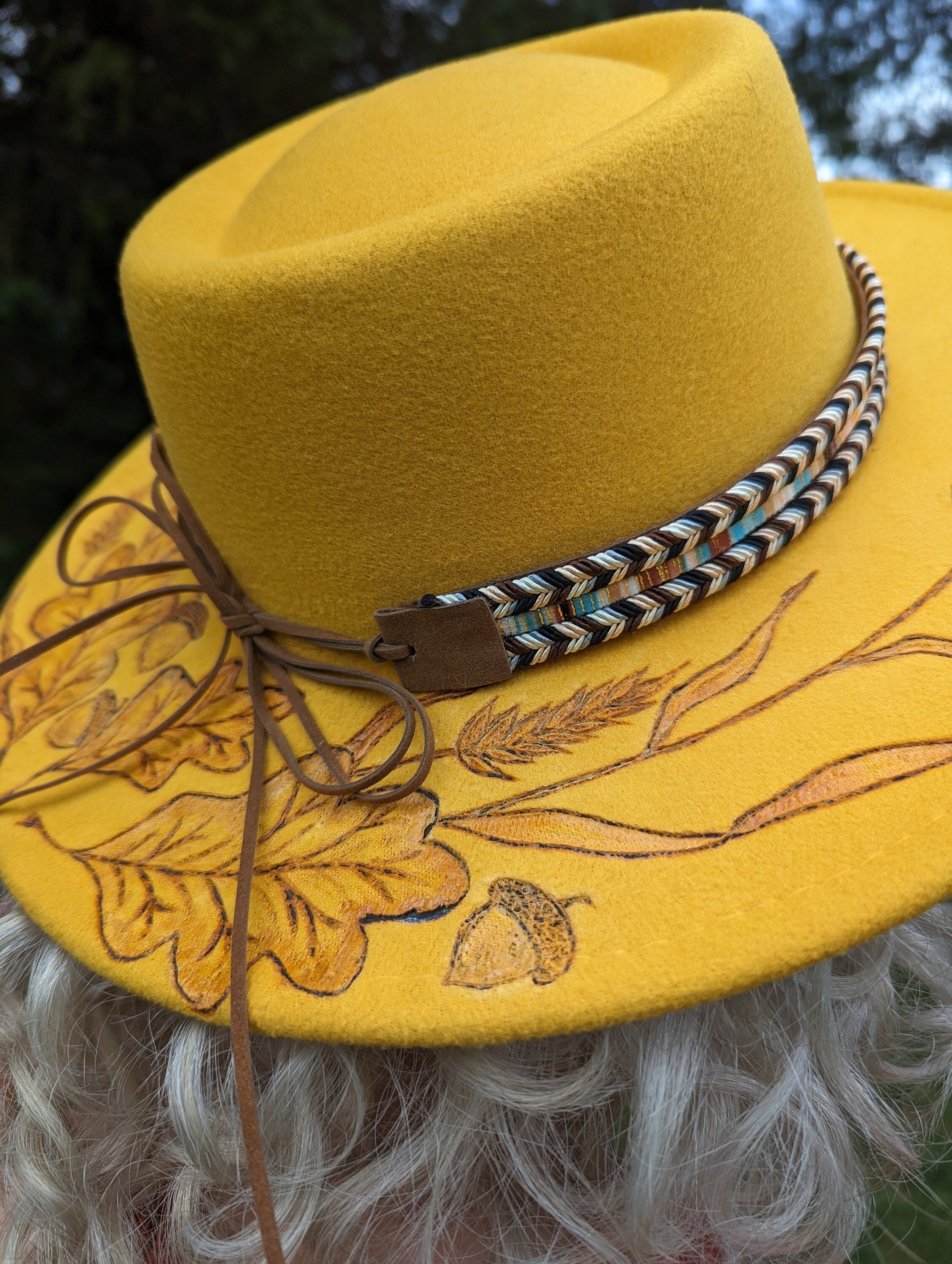Wheat Hat, Woodburnt Hat, Wide Brim Boater Hat, Leaf  display picture 1