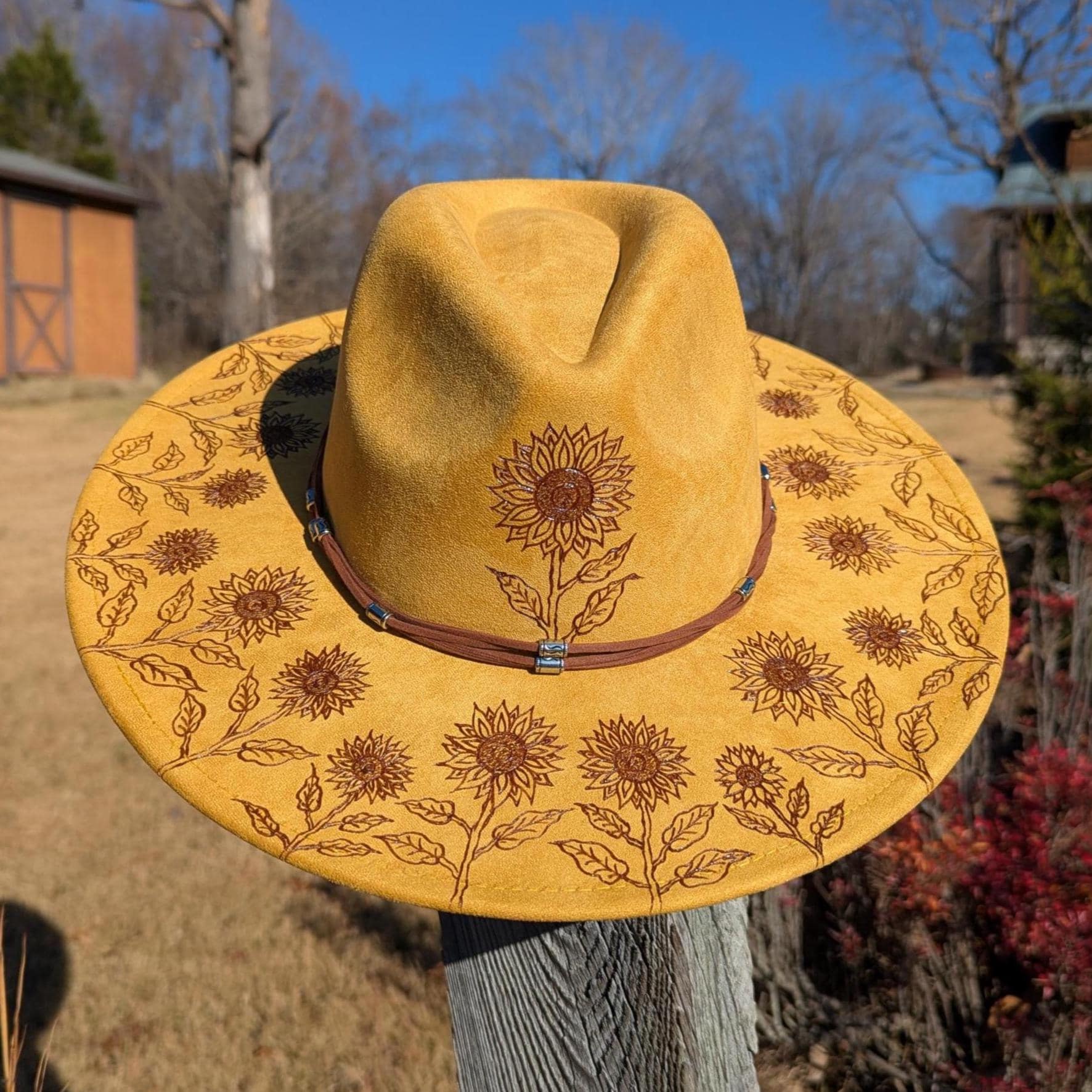 Fedora Western Hat Brown Suede Sunflower Embroidered Wide Brim Coastal Cowgirl STAY WILD SUNFLOWER FEDORA – CountryFide Custom Accessories  main image 4
