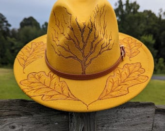 Autumn Leaf Hat, Tree Of Life Hat, Burned Hats Women, Hippie Fedora, Oak Leaf Accessories Renaissance Fair Boho, Fall Photo Shoot Props